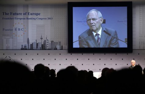 Germany's Finance Minister Wolfgang Schaeuble delivers his speech at the European Banking Congress at the old opera house in Frankfurt, Nove Germany's Finance Minister Wolfgang Schaeuble delivers his speech at the European Banking Congress at the old opera house in Frankfurt, Nove