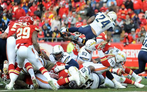 Nov 24, 2013; Kansas City, MO, USA; San Diego Chargers running back Ryan Mathews (24) scores a touchdown during the second half of the game Nov 24, 2013; Kansas City, MO, USA; San Diego Chargers running back Ryan Mathews (24) scores a touchdown during the second half of the game