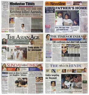 A combination photo of India newspapers shows photographs and news of 14-year-old Aarushi's murder whodunnit, in New Delhi July 14, 2008. RE A combination photo of India newspapers shows photographs and news of 14-year-old Aarushi's murder whodunnit, in New Delhi July 14, 2008. RE
