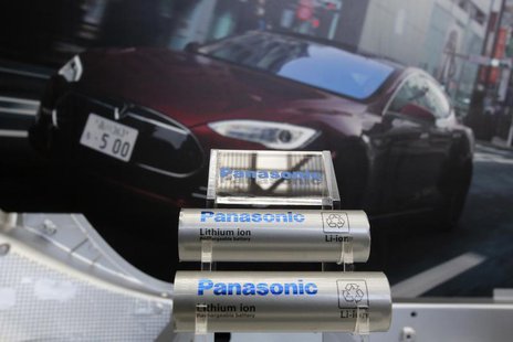 Panasonic Corp's lithium-ion batteries, which are part of Tesla Motor Inc's Model S and Model X battery packs, are displayed in front of a p Panasonic Corp's lithium-ion batteries, which are part of Tesla Motor Inc's Model S and Model X battery packs, are displayed in front of a p