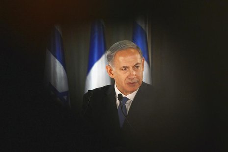 Israel Prime Minister Benjamin Netanyahu speaks during a joint news conference with French President Francois Hollande (not pictured) at his Israel Prime Minister Benjamin Netanyahu speaks during a joint news conference with French President Francois Hollande (not pictured) at his