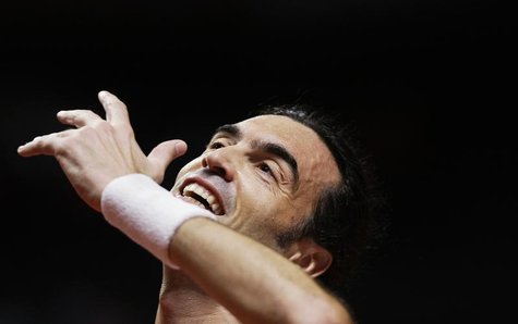 Sergi Bruguera of Spain reacts during his final match against Jim Courier of the U.S. at the Masters Senior tennis tournament in Madrid Marc Sergi Bruguera of Spain reacts during his final match against Jim Courier of the U.S. at the Masters Senior tennis tournament in Madrid Marc