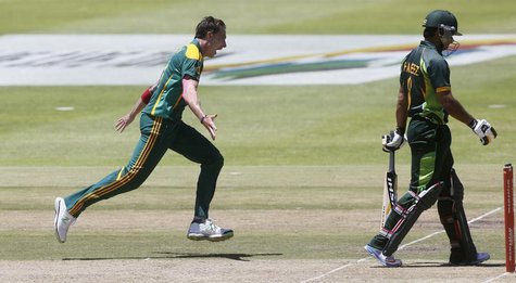 South Africa's Dale Steyn celebrates as he takes the wicket of Pakistan's Mohammad Hafeez during the first One Day international cricket mat South Africa's Dale Steyn celebrates as he takes the wicket of Pakistan's Mohammad Hafeez during the first One Day international cricket mat