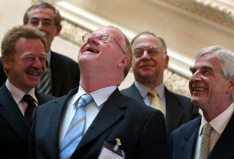 Luxemburg Bank Governor Yves Mersch (L), Ireland Bank Governor John Hurley (2nd L), Deutsche Bank Governor Ernst Weletke (front), ECB execut Luxemburg Bank Governor Yves Mersch (L), Ireland Bank Governor John Hurley (2nd L), Deutsche Bank Governor Ernst Weletke (front), ECB execut