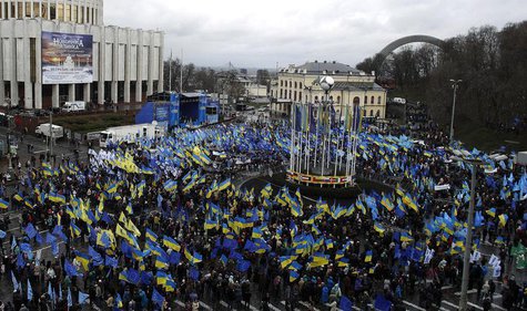 Supporters of Ukrainian President Viktor Yanukovich and the Party of the Regions participate in a demonstration at European Square in centra Supporters of Ukrainian President Viktor Yanukovich and the Party of the Regions participate in a demonstration at European Square in centra