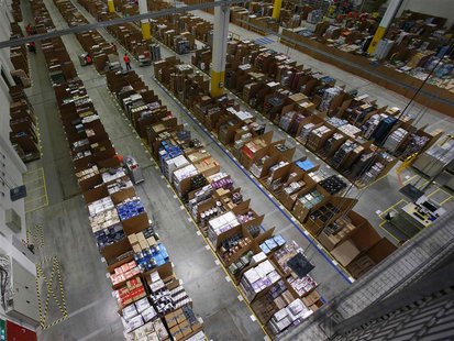 A general view of the storage hall at the 70,000 square metre warehouse floor in Amazon's new distribution center in Brieselang, near Berlin A general view of the storage hall at the 70,000 square metre warehouse floor in Amazon's new distribution center in Brieselang, near Berlin