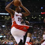 Nov 29, 2013; Toronto, Ontario, CAN; Toronto Raptors forward Rudy Gay (22) goes up to shoot as Miami Heat center-forward Chris Bosh (1) look Nov 29, 2013; Toronto, Ontario, CAN; Toronto Raptors forward Rudy Gay (22) goes up to shoot as Miami Heat center-forward Chris Bosh (1) look