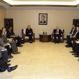 Syrian Foreign Minister Walid al-Muallem (center R) meets Sigrid Kaag (center L), Special Coordinator of the Organisation for the Prohibitio Syrian Foreign Minister Walid al-Muallem (center R) meets Sigrid Kaag (center L), Special Coordinator of the Organisation for the Prohibitio