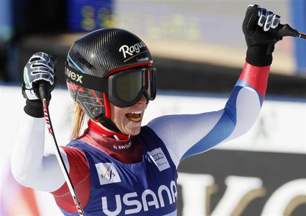 Lara Gut of Switzerland celebrates in the finish area after winning the women's World Cup Super-G ski race in Beaver Creek, Colorado, Novemb Lara Gut of Switzerland celebrates in the finish area after winning the women's World Cup Super-G ski race in Beaver Creek, Colorado, Novemb