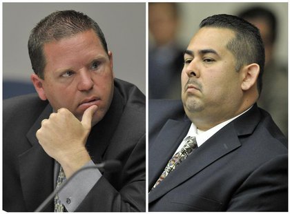 A combination photo shows Fullerton police officers Jay Cicinelli (L) and Manuel Ramos at a preliminary hearing on the death of Kelly Thomas A combination photo shows Fullerton police officers Jay Cicinelli (L) and Manuel Ramos at a preliminary hearing on the death of Kelly Thomas