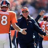 Oct 13, 2013; Denver, CO, USA; Denver Broncos head coach John Fox reacts to the touchdown pass by quarterback Peyton Manning (18) to wide re Oct 13, 2013; Denver, CO, USA; Denver Broncos head coach John Fox reacts to the touchdown pass by quarterback Peyton Manning (18) to wide re