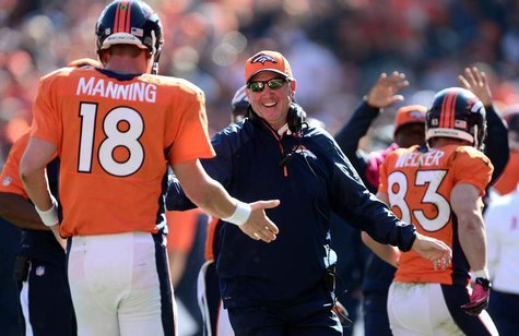 Oct 13, 2013; Denver, CO, USA; Denver Broncos head coach John Fox reacts to the touchdown pass by quarterback Peyton Manning (18) to wide re Oct 13, 2013; Denver, CO, USA; Denver Broncos head coach John Fox reacts to the touchdown pass by quarterback Peyton Manning (18) to wide re