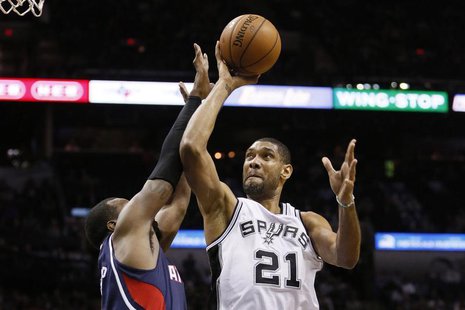Dec 2, 2013; San Antonio, TX, USA; San Antonio Spurs forward Tim Duncan (21) drives to the basket as Atlanta Hawks forward Paul Millsap (lef Dec 2, 2013; San Antonio, TX, USA; San Antonio Spurs forward Tim Duncan (21) drives to the basket as Atlanta Hawks forward Paul Millsap (lef