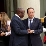 French President Francois Hollande (R) and his companion Valerie Trierweiler (2ndL) accompany Ibrahim Boubacar Keita (2ndR), President of Ma French President Francois Hollande (R) and his companion Valerie Trierweiler (2ndL) accompany Ibrahim Boubacar Keita (2ndR), President of Ma