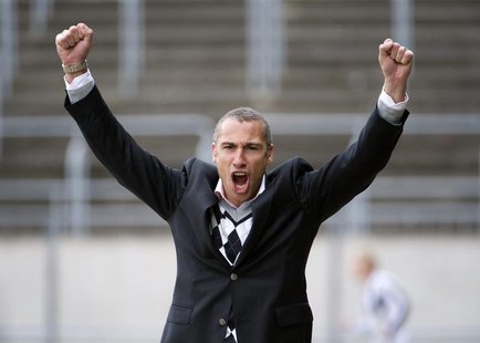 Henrik Larsson celebrates after his team Landskrona Bois scored against Degerfors in their Swedish second football league, Superettan, socce Henrik Larsson celebrates after his team Landskrona Bois scored against Degerfors in their Swedish second football league, Superettan, socce