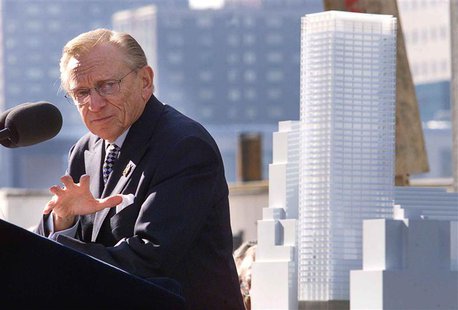 Developer Larry Silverstein speaks next to a model of the new 7 World Trade Center tower during an unveiling of the plans in New York, in th Developer Larry Silverstein speaks next to a model of the new 7 World Trade Center tower during an unveiling of the plans in New York, in th