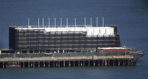 A barge built with four levels of shipping containers is seen at Pier 1 at Treasure Island in San Francisco, California October 28, 2013. Ho A barge built with four levels of shipping containers is seen at Pier 1 at Treasure Island in San Francisco, California October 28, 2013. Ho