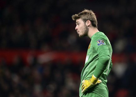 Manchester United's David De Gea reacts during their English Premier League soccer match against Everton at Old Trafford in Manchester, nort Manchester United's David De Gea reacts during their English Premier League soccer match against Everton at Old Trafford in Manchester, nort