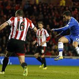 Chelsea's Eden Hazard (R) scores against Sunderland during their English Premier League soccer match at the Stadium of Light in Sunderland, Chelsea's Eden Hazard (R) scores against Sunderland during their English Premier League soccer match at the Stadium of Light in Sunderland,