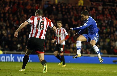 Chelsea's Eden Hazard (R) scores against Sunderland during their English Premier League soccer match at the Stadium of Light in Sunderland, Chelsea's Eden Hazard (R) scores against Sunderland during their English Premier League soccer match at the Stadium of Light in Sunderland,