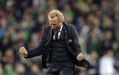 Sweden's coach Erik Hamren celebrates after his side beat Ireland during their World Cup qualifying soccer match at The Aviva Stadium in Dub Sweden's coach Erik Hamren celebrates after his side beat Ireland during their World Cup qualifying soccer match at The Aviva Stadium in Dub