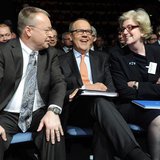 Nokia's Chief Executive Stephen Elop (L), Chairman of the Board Jorma Ollila (C), and Vice Chairman Dame Marjorie Scardino (R) take part in Nokia's Chief Executive Stephen Elop (L), Chairman of the Board Jorma Ollila (C), and Vice Chairman Dame Marjorie Scardino (R) take part in