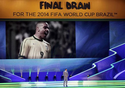 Former Brazil soccer player Ronaldo speaks on stage during the draw for the 2014 World Cup at the Costa do Sauipe resort in Sao Joao da Mata Former Brazil soccer player Ronaldo speaks on stage during the draw for the 2014 World Cup at the Costa do Sauipe resort in Sao Joao da Mata