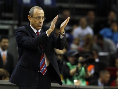 CSKA Moscow's head coach Ettore Messina reacts during their Euroleague Basketball Final Four third place game against Barcelona at the O2 Ar CSKA Moscow's head coach Ettore Messina reacts during their Euroleague Basketball Final Four third place game against Barcelona at the O2 Ar