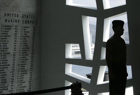 A U.S. Marine stands at attention at the "Remembrance Wall" in the Shrine Room on the USS Arizona Memorial during the 71st anniversary of th A U.S. Marine stands at attention at the "Remembrance Wall" in the Shrine Room on the USS Arizona Memorial during the 71st anniversary of th