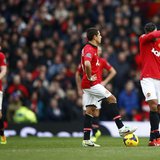 (L to R) Manchester United's Phil Jones, Javier Hernandez and Robin van Persie react during their English Premier League soccer match agains (L to R) Manchester United's Phil Jones, Javier Hernandez and Robin van Persie react during their English Premier League soccer match agains