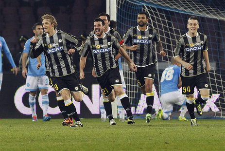 Udinese's Dusan Basta (L) celebrates with his team mates after scoring against Napoli during their Italian Serie A soccer match at San Paolo Udinese's Dusan Basta (L) celebrates with his team mates after scoring against Napoli during their Italian Serie A soccer match at San Paolo