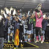 Dec 7, 2013; Kansas City, KS, USA; Sporting KC goalkeeper Jimmy Nielsen (1) raises the MLS Cup with his team after the 2013 MLS Cup against Dec 7, 2013; Kansas City, KS, USA; Sporting KC goalkeeper Jimmy Nielsen (1) raises the MLS Cup with his team after the 2013 MLS Cup against