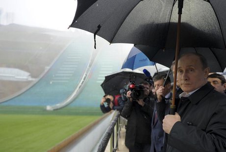 Russia's President Vladimir Putin (front) visits the "RusSki Gorki" Jumping Center at the Krasnaya Polyana resort near the Black Sea city of Russia's President Vladimir Putin (front) visits the "RusSki Gorki" Jumping Center at the Krasnaya Polyana resort near the Black Sea city of