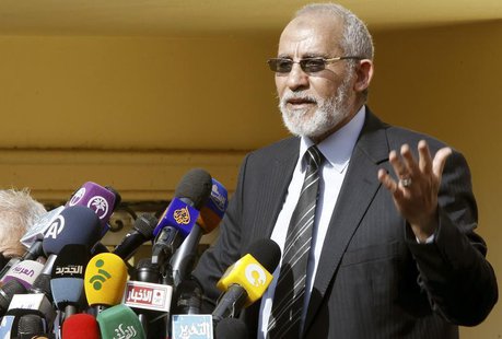 The supreme guide of Egypt's Muslim Brotherhood Mohamed Badie speaks during a news conference at the Brotherhood's main office, which was at The supreme guide of Egypt's Muslim Brotherhood Mohamed Badie speaks during a news conference at the Brotherhood's main office, which was at