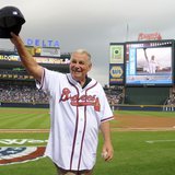 Former Atlanta Braves manager Bobby Cox waves to the crowd after throwing out the first pitch at the start of their home opening MLB Nationa Former Atlanta Braves manager Bobby Cox waves to the crowd after throwing out the first pitch at the start of their home opening MLB Nationa