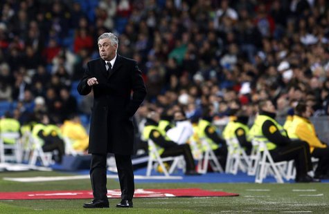 Real Madrid's coach Carlo Ancelotti gestures during their Spanish First Division soccer match against Real Valladolid at Santiago Bernabeu s Real Madrid's coach Carlo Ancelotti gestures during their Spanish First Division soccer match against Real Valladolid at Santiago Bernabeu s
