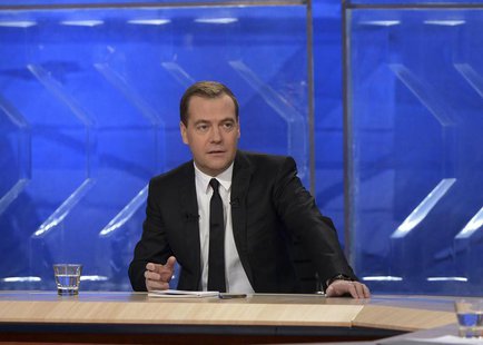 Russian Prime Minister Dmitry Medvedev gives an interview to federal TV channels at the Ostankino TV Center in Moscow December 6, 2013. REUT Russian Prime Minister Dmitry Medvedev gives an interview to federal TV channels at the Ostankino TV Center in Moscow December 6, 2013. REUT