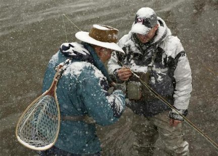 Fly fishermen Mike Gasiecki (R) and guide Dan Soper re-tie their lures on the north fork of the south branch of the Potomac River during a winter blizzard in Hopeville Canyon, West Virginia December More...
CREDIT: REUTERS/GARY CAMERON Fly fishermen Mike Gasiecki (R) and guide Dan Soper re-tie their lures on the north fork of the south branch of the Potomac River during a winter blizzard in Hopeville Canyon, West Virginia December More...
CREDIT: REUTERS/GARY CAMERON