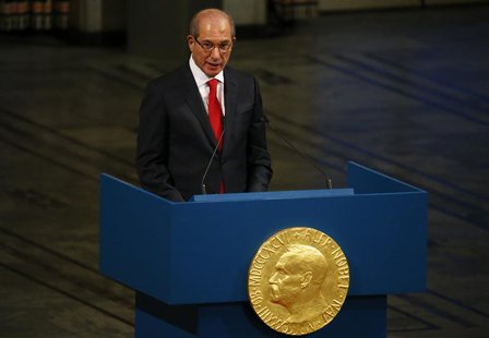 Ahmet Uzumcu, director general of the Organisation for the Prohibition of Chemical Weapons (OPCW) delivers a speech during the Nobel Peace P Ahmet Uzumcu, director general of the Organisation for the Prohibition of Chemical Weapons (OPCW) delivers a speech during the Nobel Peace P