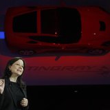 Mary Barra, Senior VP of General Motors Global Product Development, speaks near a 2014 Corvette Stingray at the North American International Mary Barra, Senior VP of General Motors Global Product Development, speaks near a 2014 Corvette Stingray at the North American International