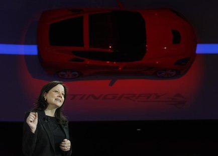 Mary Barra, Senior VP of General Motors Global Product Development, speaks near a 2014 Corvette Stingray at the North American International Mary Barra, Senior VP of General Motors Global Product Development, speaks near a 2014 Corvette Stingray at the North American International