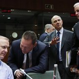 (L-R) European Union Economic and Monetary Affairs Commissioner Olli Rehn, Greece's Finance Minister Yannis Stournaras, France's Finance Min (L-R) European Union Economic and Monetary Affairs Commissioner Olli Rehn, Greece's Finance Minister Yannis Stournaras, France's Finance Min