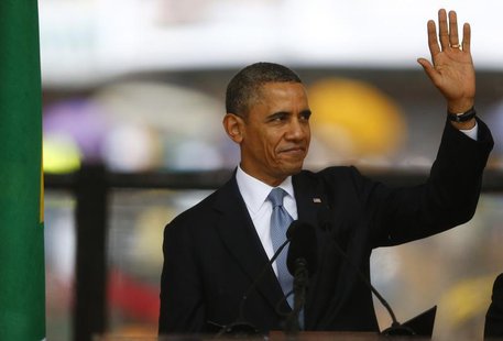 U.S. President Barack Obama greets the crowd before giving his speech at the memorial service for late South African President Nelson Mandel U.S. President Barack Obama greets the crowd before giving his speech at the memorial service for late South African President Nelson Mandel