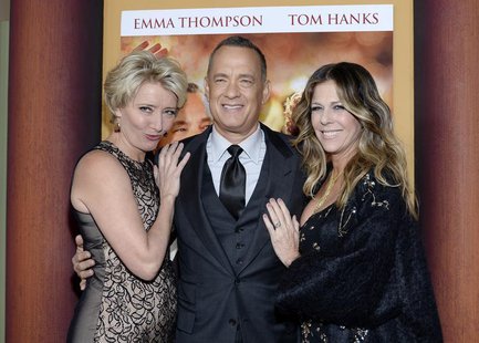 Cast members Emma Thompson (L), Tom Hanks and his wife Rita Wilson (R) attend the film premiere of "Saving Mr. Banks," at the Walt Disney St Cast members Emma Thompson (L), Tom Hanks and his wife Rita Wilson (R) attend the film premiere of "Saving Mr. Banks," at the Walt Disney St