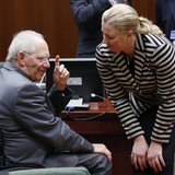 Germany's Finance Minister Wolfgang Schaeuble talks to his Finnish counterpart Jutta Urpilainen (R) during a European Union finance minister Germany's Finance Minister Wolfgang Schaeuble talks to his Finnish counterpart Jutta Urpilainen (R) during a European Union finance minister