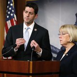 Senate Budget Committee chairman Senator Patty Murray (D-WA) (R) and House Budget Committee chairman Representative Paul Ryan (R-WI) (L) hol Senate Budget Committee chairman Senator Patty Murray (D-WA) (R) and House Budget Committee chairman Representative Paul Ryan (R-WI) (L) hol