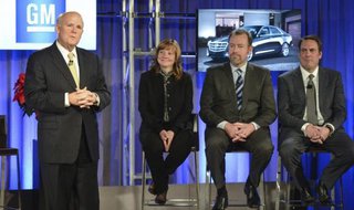 General Motors Chairman and CEO Dan Akerson (L) announces he is stepping during a Town Hall meeting with employees in Detroit, Michigan in this December 10, 2013 handout photo. Looking on are new CEO Mary Barra (2nd L), new GM President Dan Ammann, and new Executive Vice President, Global Product Development, Purchasing and Supply Chain Mark Reuss (R).
REUTERS/Steve Fecht/General Motors/Handout via Reuters General Motors Chairman and CEO Dan Akerson (L) announces he is stepping during a Town Hall meeting with employees in Detroit, Michigan in this December 10, 2013 handout photo. Looking on are new CEO Mary Barra (2nd L), new GM President Dan Ammann, and new Executive Vice President, Global Product Development, Purchasing and Supply Chain Mark Reuss (R).
REUTERS/Steve Fecht/General Motors/Handout via Reuters