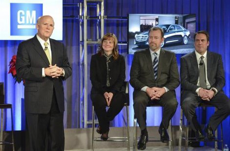 General Motors Chairman and CEO Dan Akerson (L) announces he is stepping during a Town Hall meeting with employees in Detroit, Michigan in this December 10, 2013 handout photo. Looking on are new CEO Mary Barra (2nd L), new GM President Dan Ammann, and new Executive Vice President, Global Product Development, Purchasing and Supply Chain Mark Reuss (R).
REUTERS/Steve Fecht/General Motors/Handout via Reuters General Motors Chairman and CEO Dan Akerson (L) announces he is stepping during a Town Hall meeting with employees in Detroit, Michigan in this December 10, 2013 handout photo. Looking on are new CEO Mary Barra (2nd L), new GM President Dan Ammann, and new Executive Vice President, Global Product Development, Purchasing and Supply Chain Mark Reuss (R).
REUTERS/Steve Fecht/General Motors/Handout via Reuters