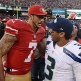 San Francisco 49ers quarterback Colin Kaepernick (7) shakes hands with Seattle Seahawks quarterback Russell Wilson (3) after the game at Can San Francisco 49ers quarterback Colin Kaepernick (7) shakes hands with Seattle Seahawks quarterback Russell Wilson (3) after the game at Can
