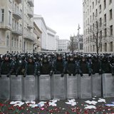 Riot police and Interior Ministry personnel block a street during a rally organized by supporters of EU integration in central Kiev, Decembe Riot police and Interior Ministry personnel block a street during a rally organized by supporters of EU integration in central Kiev, Decembe